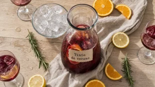 Tinto de verano recette 50/50 vin rouge léger et soda citronné, carafe et glaçons