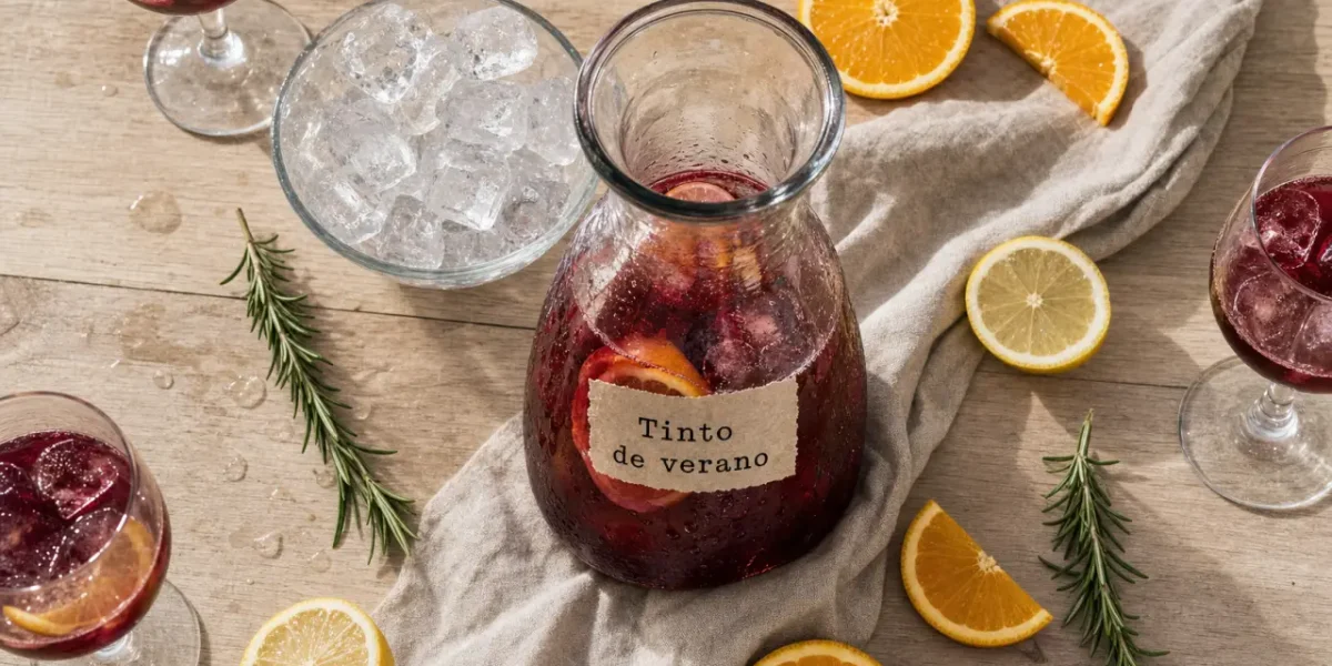 Tinto de verano recette 50/50 vin rouge léger et soda citronné, carafe et glaçons