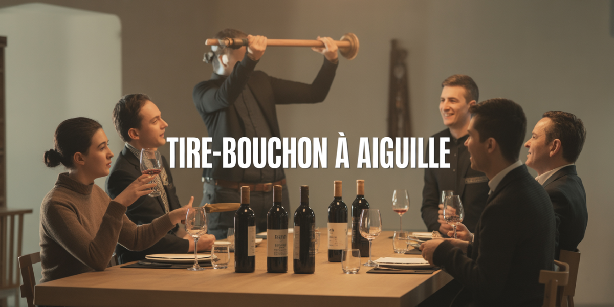 Scene conviviale tire bouchon a aiguille ouverture de bouteille