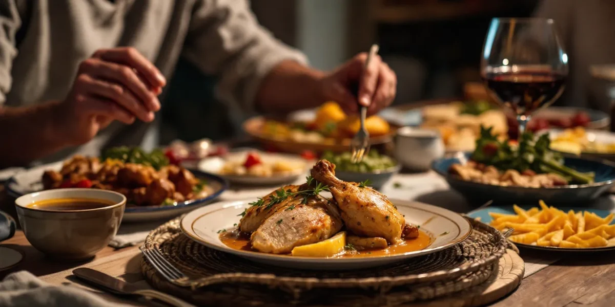 poulet au vin jaune : plat de poulet au vin jaune accompagné de pommes de terre et légumes de saison