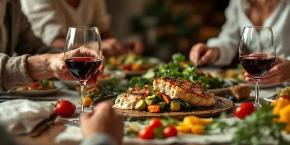 escalope milanaise : assiette d'escalope milanaise accompagnée de garnitures colorées et d'un verre de vin rouge