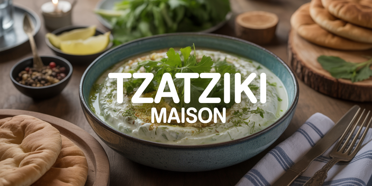Bol tzatziki maison convivial avec pain pita et concombre