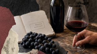 Uva mencia : grappe de raisin noir et verre de vin rouge grenat