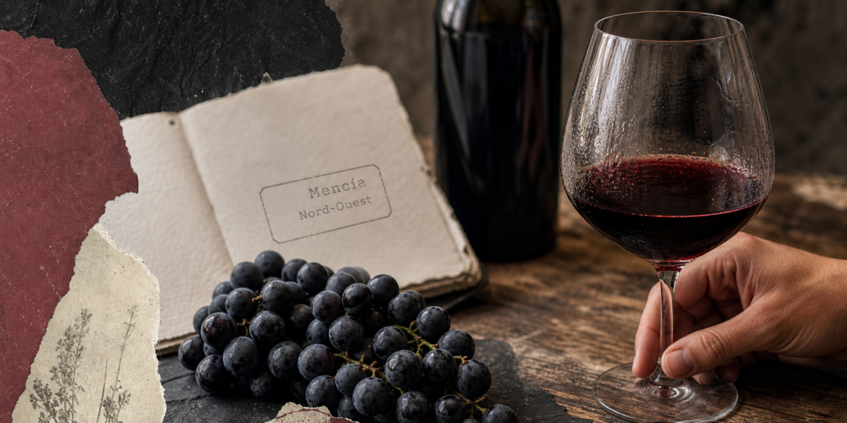 Uva mencia : grappe de raisin noir et verre de vin rouge grenat