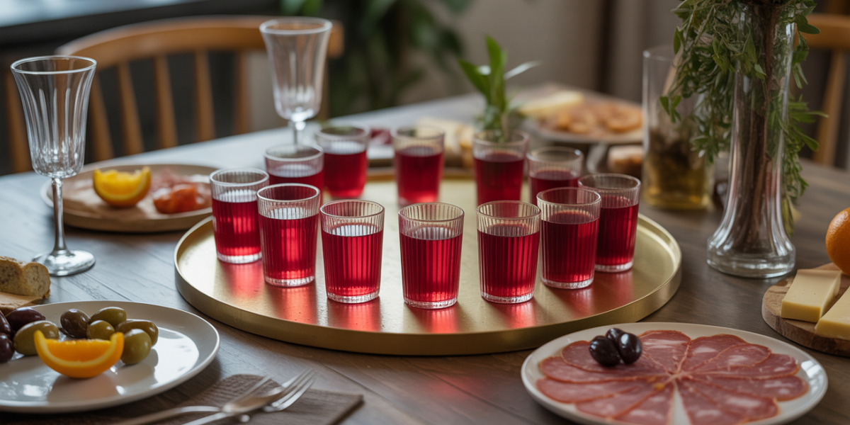 Grand plateau de verres de vermouth rouge, olives, charcuterie et fromage ambiance conviviale