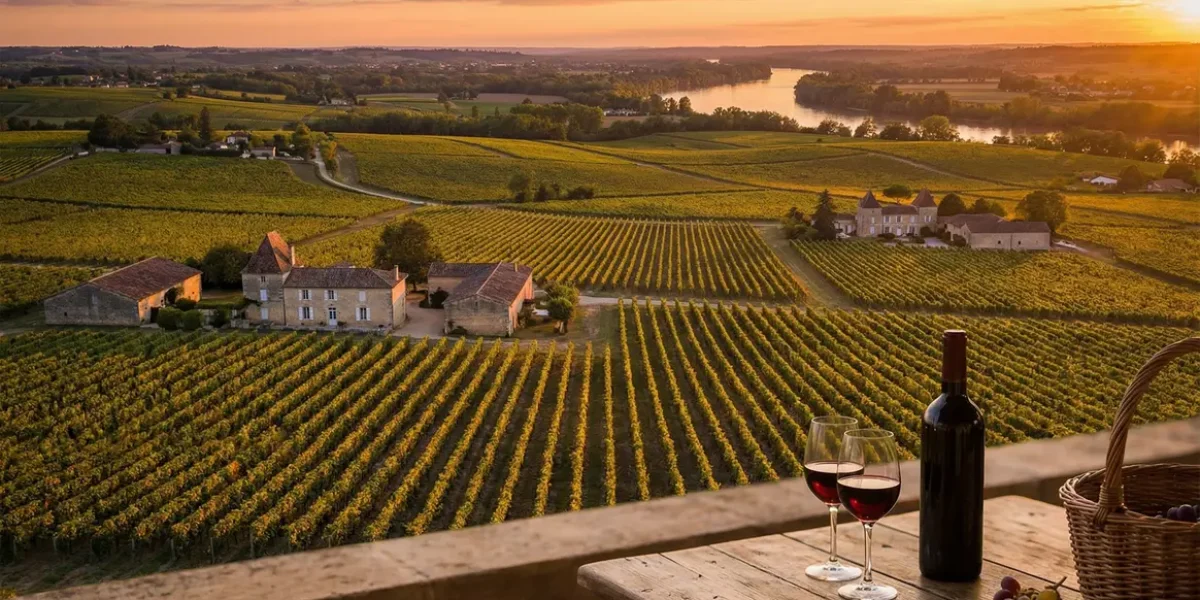 Paysage vignes Bordeaux coucher soleil verre vin rouge chais rivière