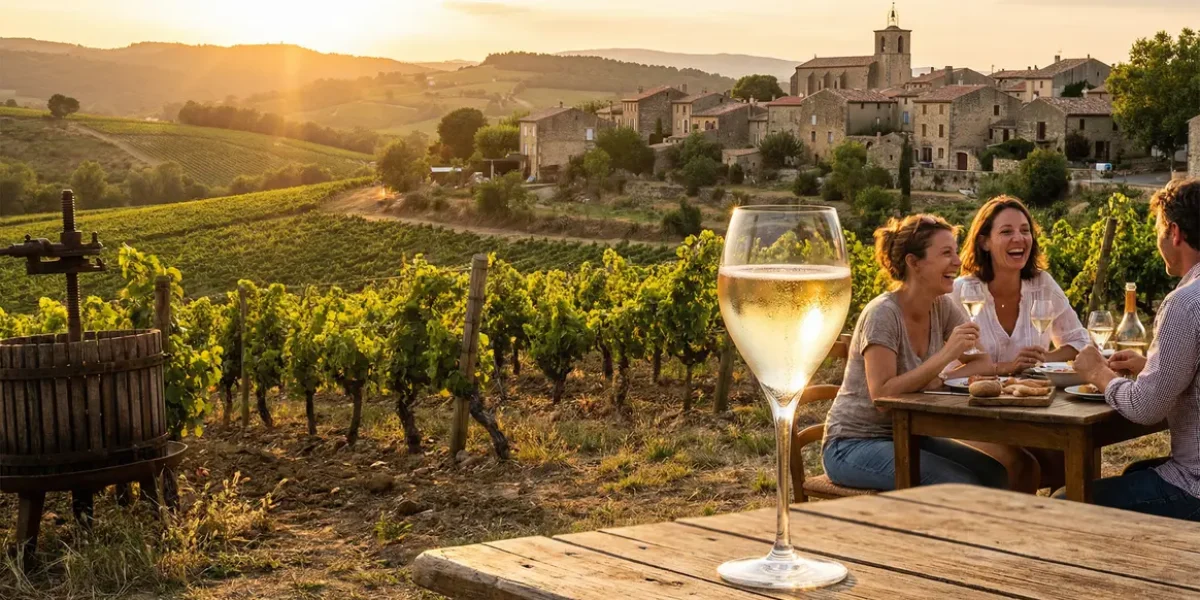 Vue du vignoble de Limoux avec village et coupe de vin effervescent