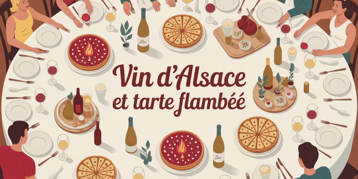 Grande table conviviale avec tarte flambee et vin d'Alsace