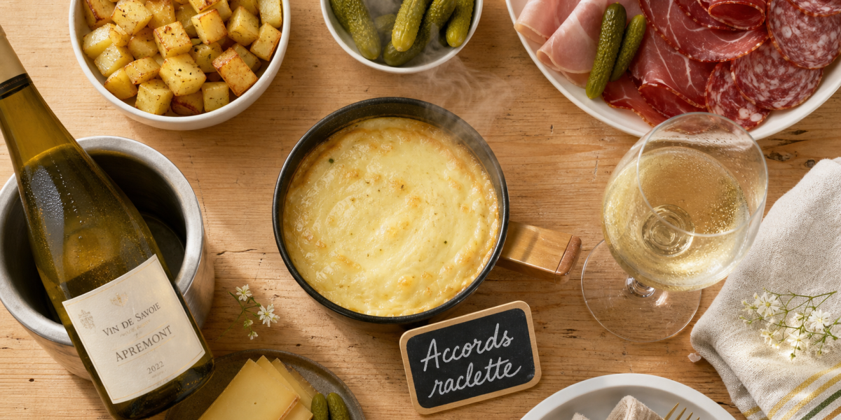 Vin avec la raclette : verre de vin blanc et plateau de raclette