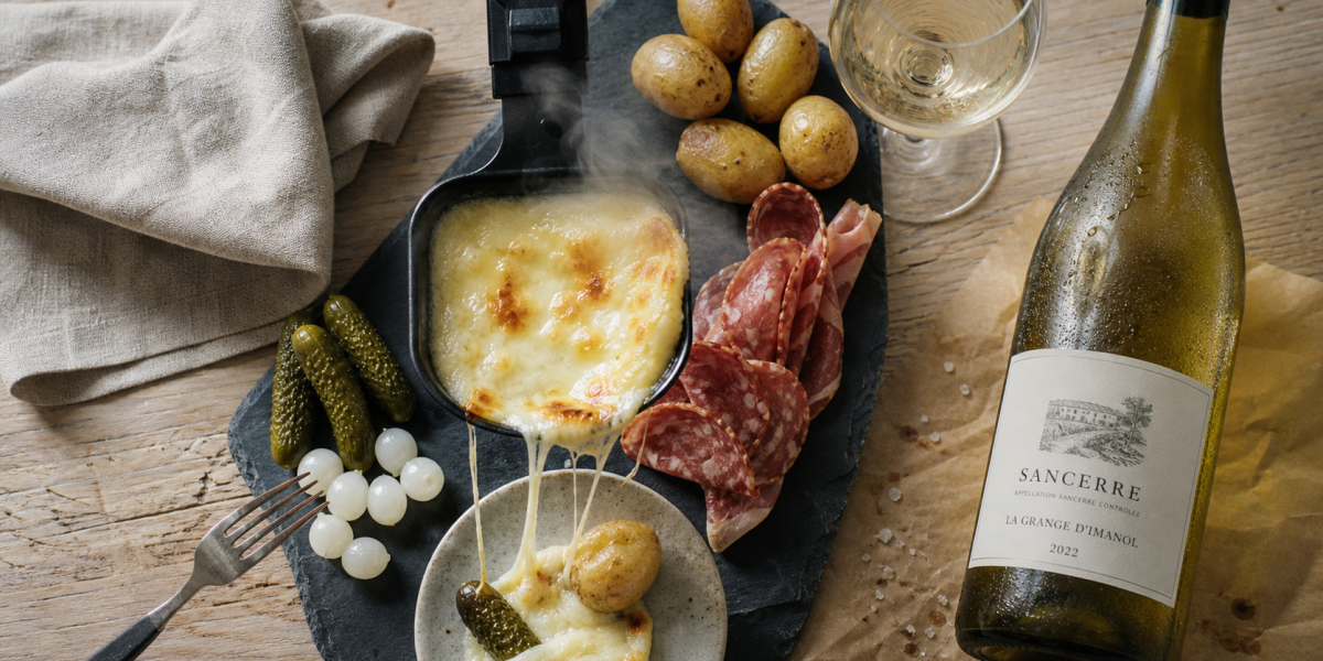 Vin avec la raclette : blanc sec et fromage fondu, table en bois