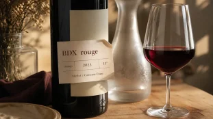Vin bdx rouge, bouteille Bordeaux 2023 Merlot/Cabernet Franc, verre rempli
