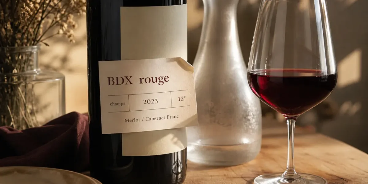 Vin bdx rouge, bouteille Bordeaux 2023 Merlot/Cabernet Franc, verre rempli