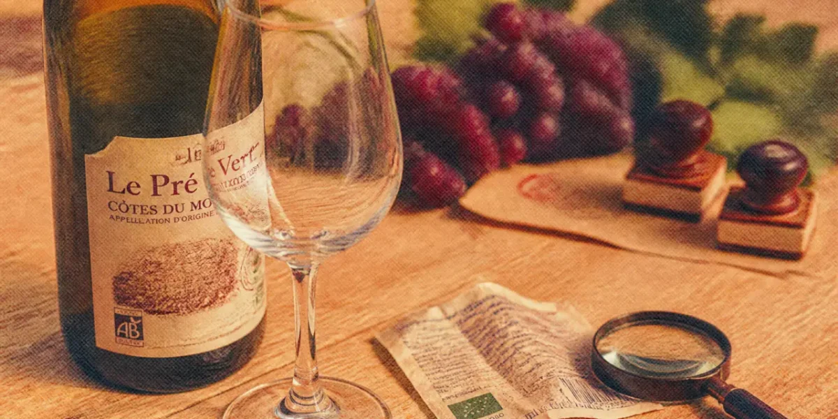 Vin bio sur table : étiquette et loupe, sulfites