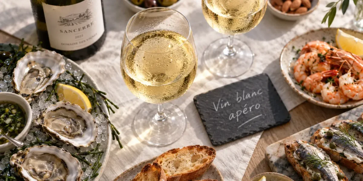 Vin blanc apero pour apéritif, verres et bouchées