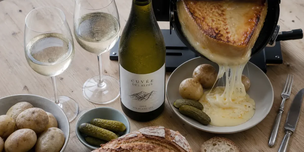 Vin blanc avec la raclette : sec, vif, peu boisé (bouteille et fromage fondu)