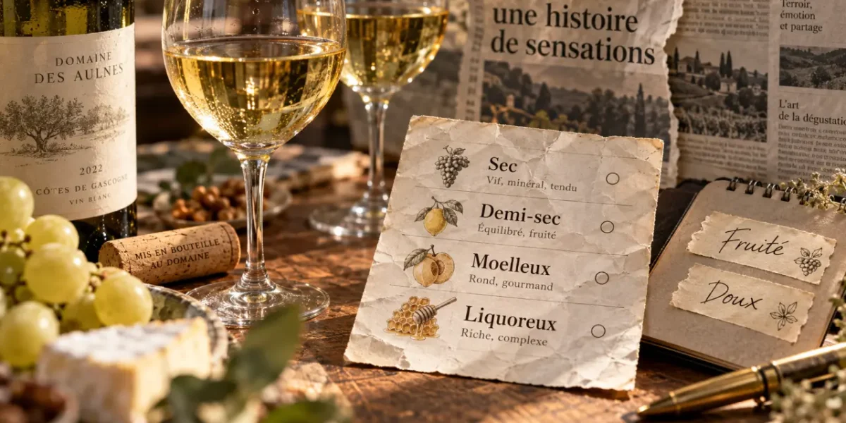 Vin blanc fruité doux : arômes, sucre et accords en verres et bouteille