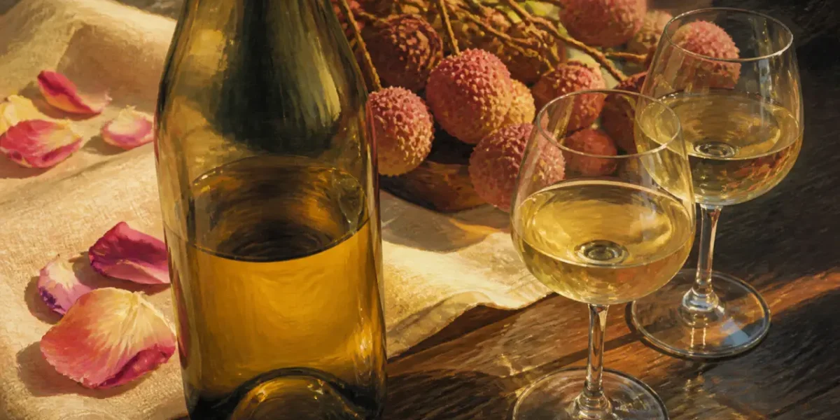 Vin blanc gewurztraminer avec arômes de litchi, verres et bouteille sur table sombre