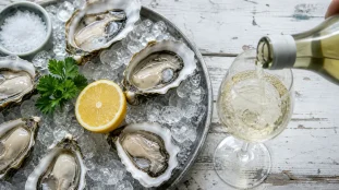 Vin blanc pour huitre, huîtres citron et verre blanc