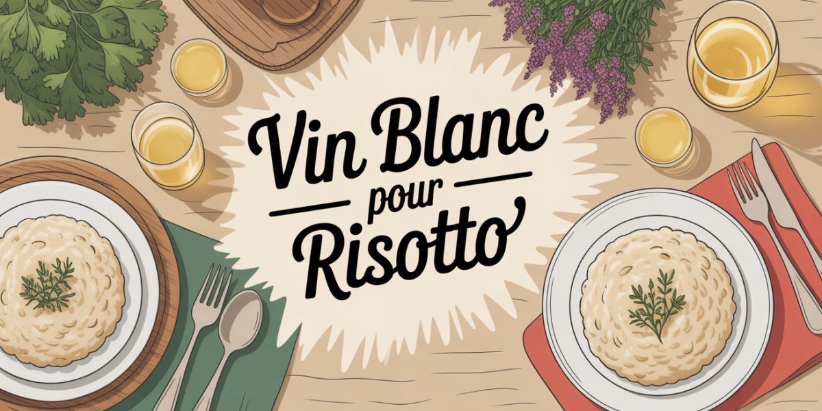 Risotto crémeux et verres de vin blanc sec sur table familiale