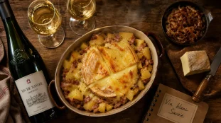 Vin blanc tartiflette Savoie : tartiflette et bouteille de vin blanc sec