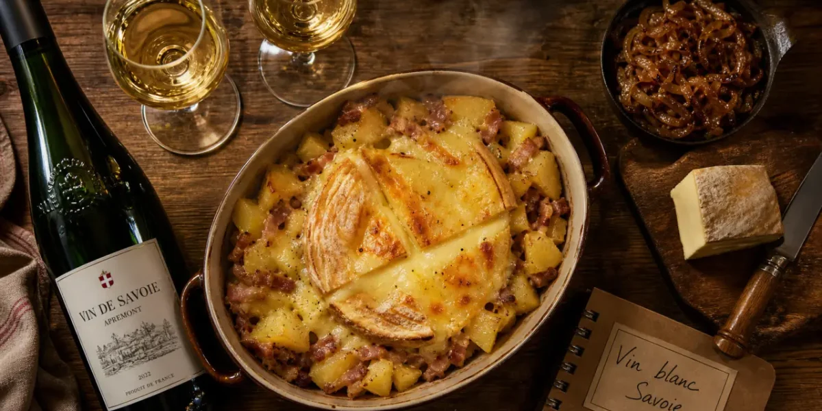 Vin blanc tartiflette Savoie : tartiflette et bouteille de vin blanc sec