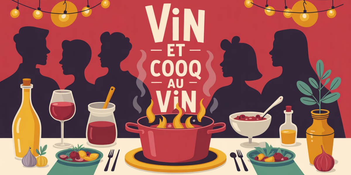 table conviviale avec vin et cocotte pour coq au vin