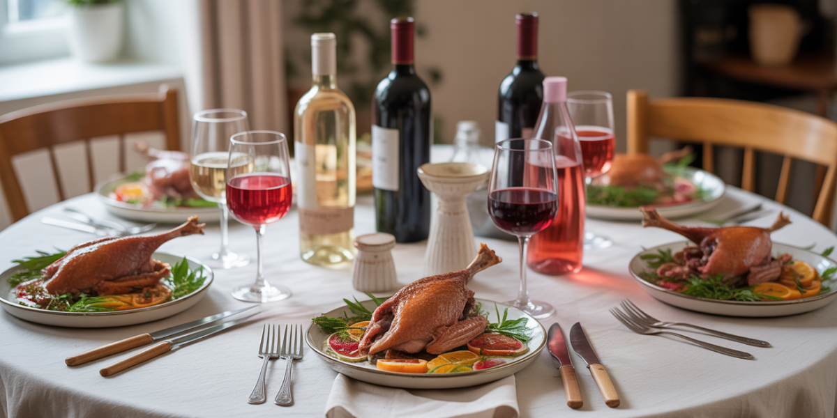 Table magret de canard et verres de vin variés