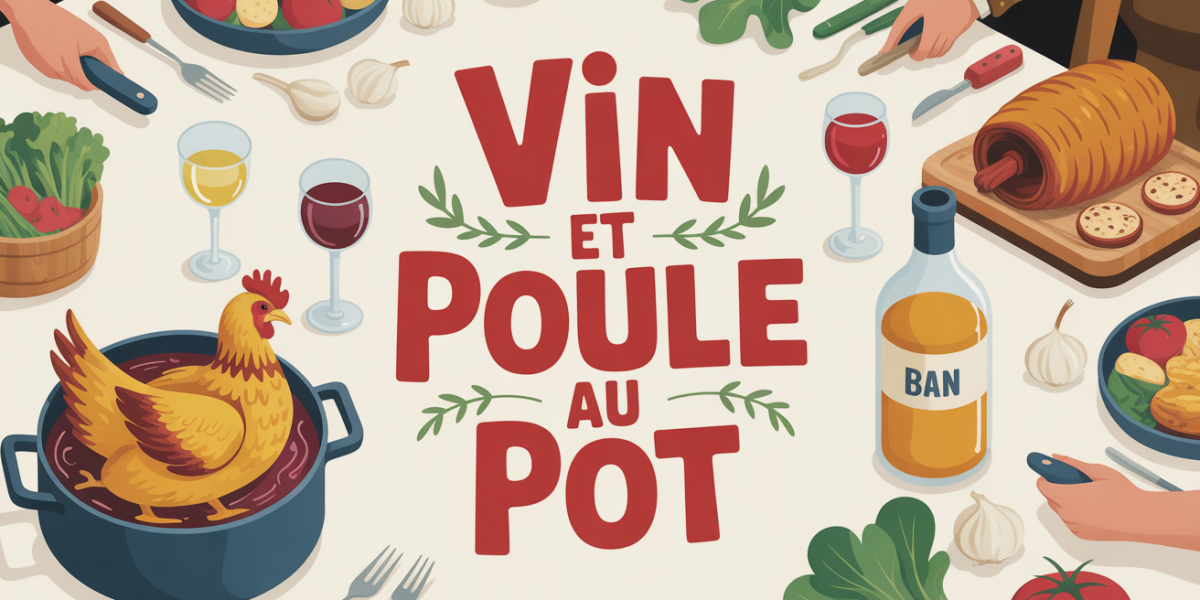 image festive vin et poule au pot autour d'une grande table