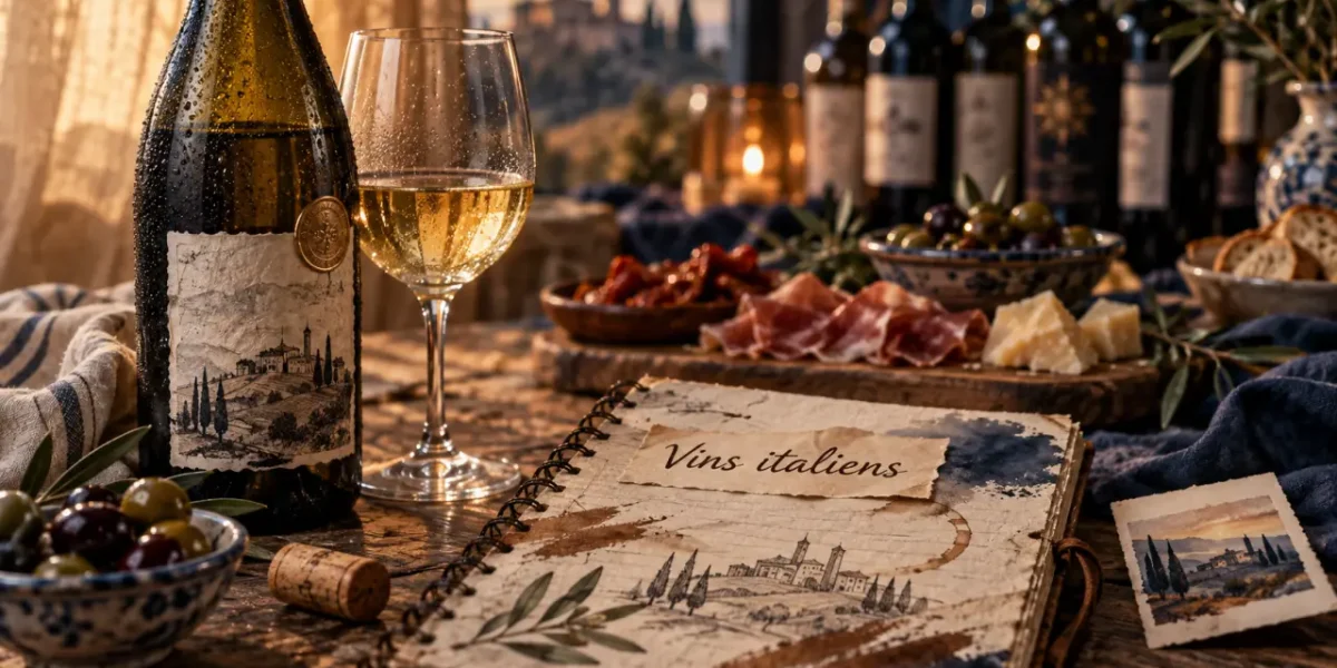 Vin italien : bouteille, verre et carnet d’accords, table en bois