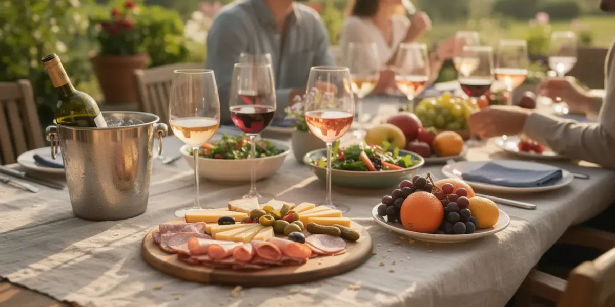 Terrasse ensoleillée avec vins de printemps et été