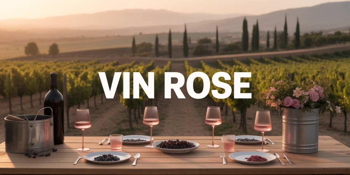 Vue stylisée verre de vin rosé, raisins noirs et vignoble