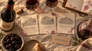 Vin rouge cote du rhone, Syrah & Grenache, étiquettes AOC sur lin beige