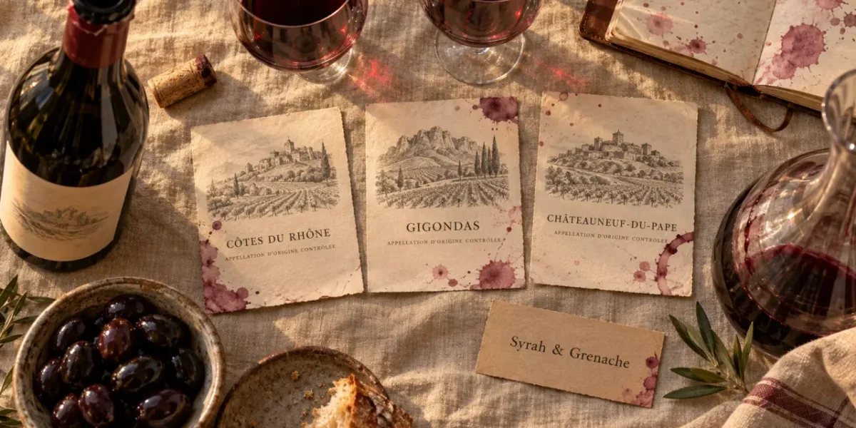 Vin rouge cote du rhone, Syrah & Grenache, étiquettes AOC sur lin beige