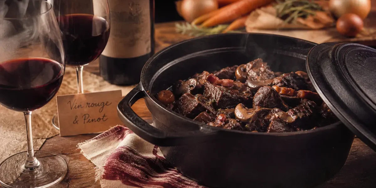Vin rouge pour bourguignon : cocotte et sauce, verres Bourgogne/Rhône/Bordeaux