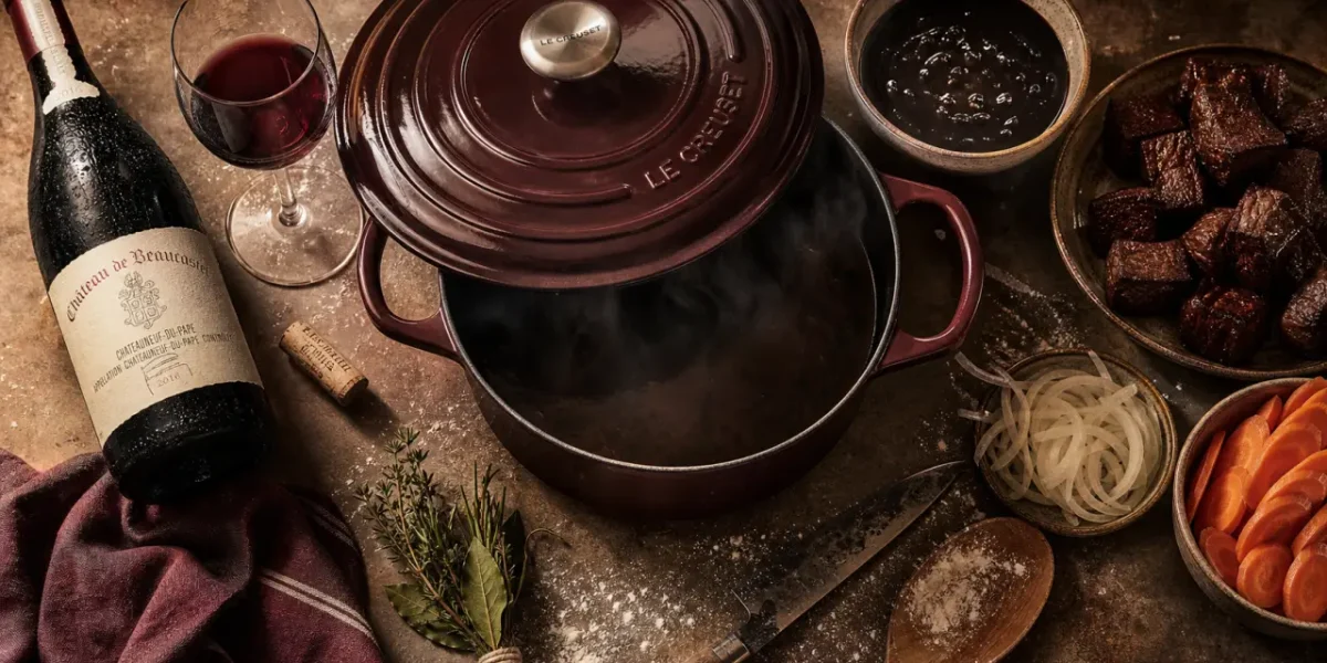 Vin rouge pour cuisiner boeuf bourguignon, cocotte et sauce