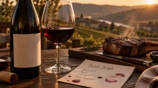 Vin rouge saint joseph : bouteille, verre rubis et notes Saint-Joseph sur une table