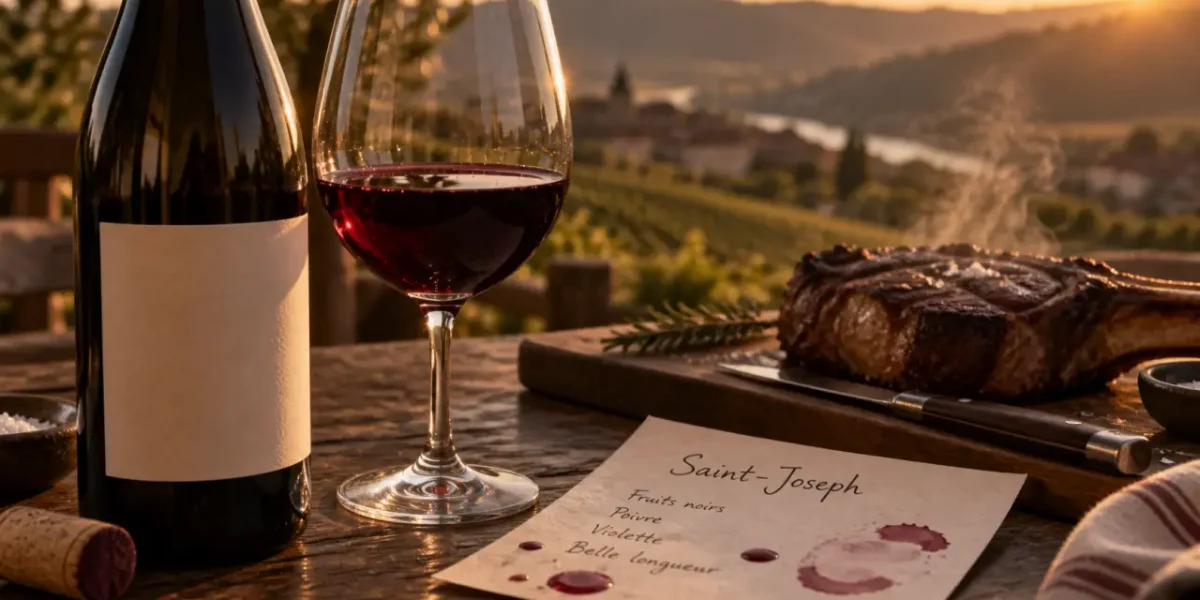 Vin rouge saint joseph : bouteille, verre rubis et notes Saint-Joseph sur une table