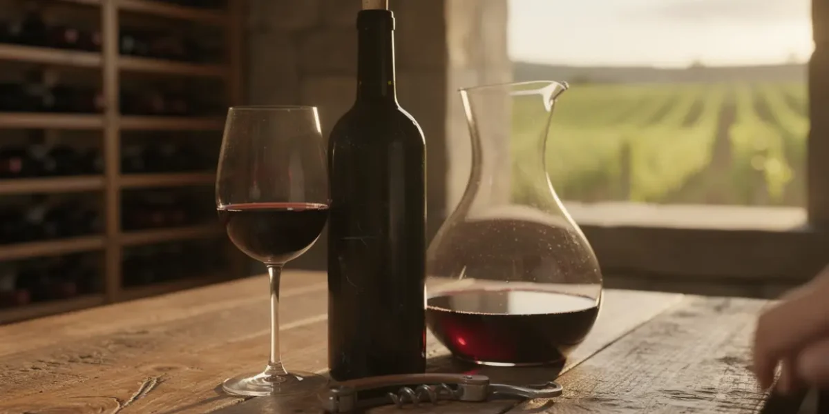 bouteille de vin rouge tannique et accessoires de dégustation