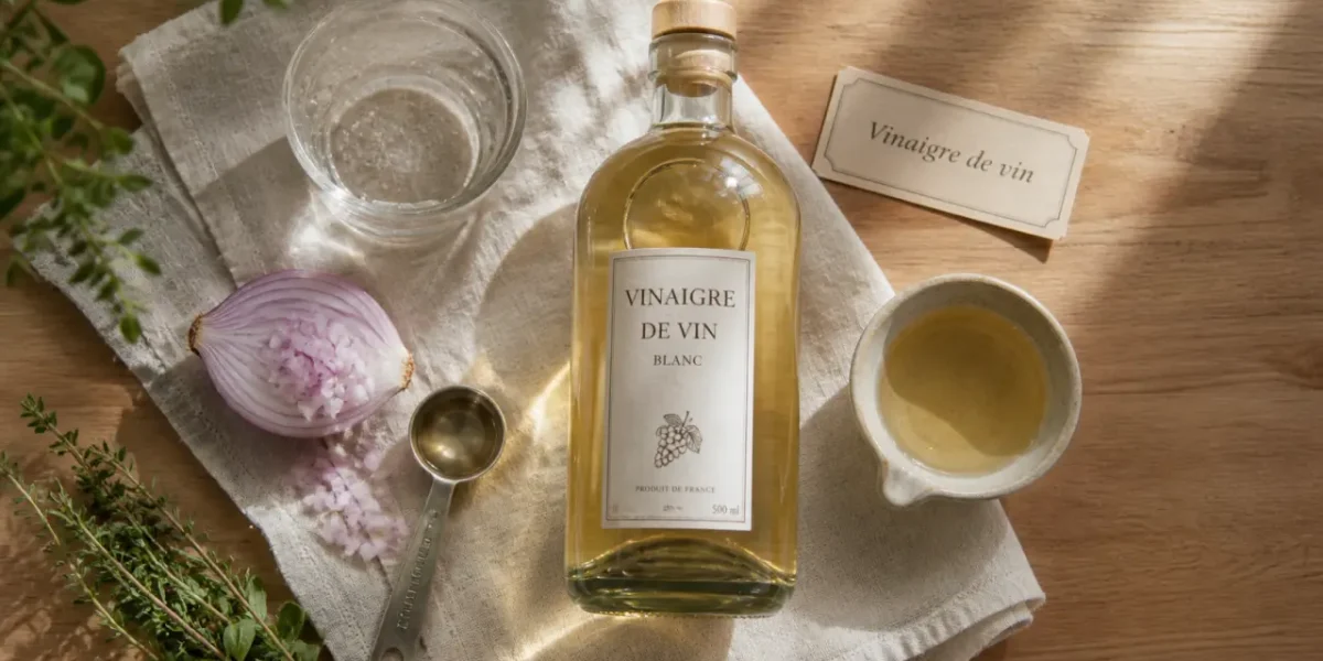 Vinaigre de vin blanc sur plan de travail, bouteille et pot de vinaigre