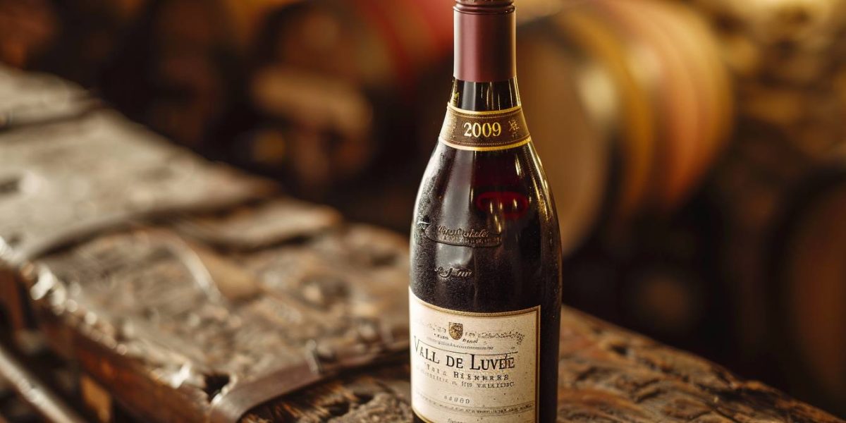 vins du Val de Loire : bouteille de vin rouge et blanc du millésime 2008 dans un vignoble
