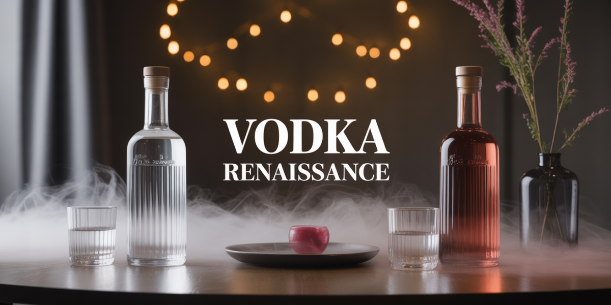 Vodka Renaissance deux bouteilles stylisées sur table sombre