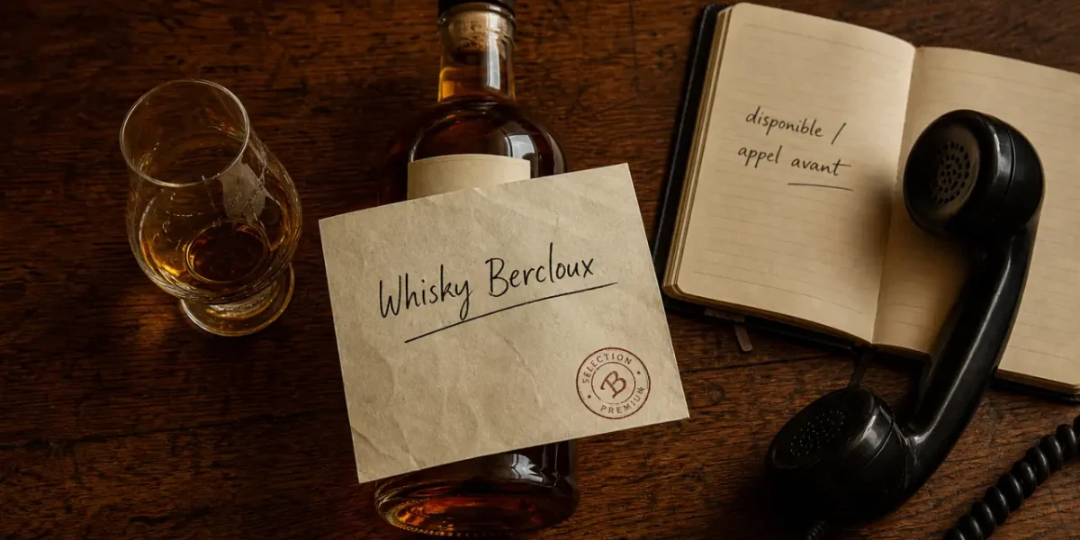 Whisky bercloux : fiche et bouteille sur table bois, point de vente