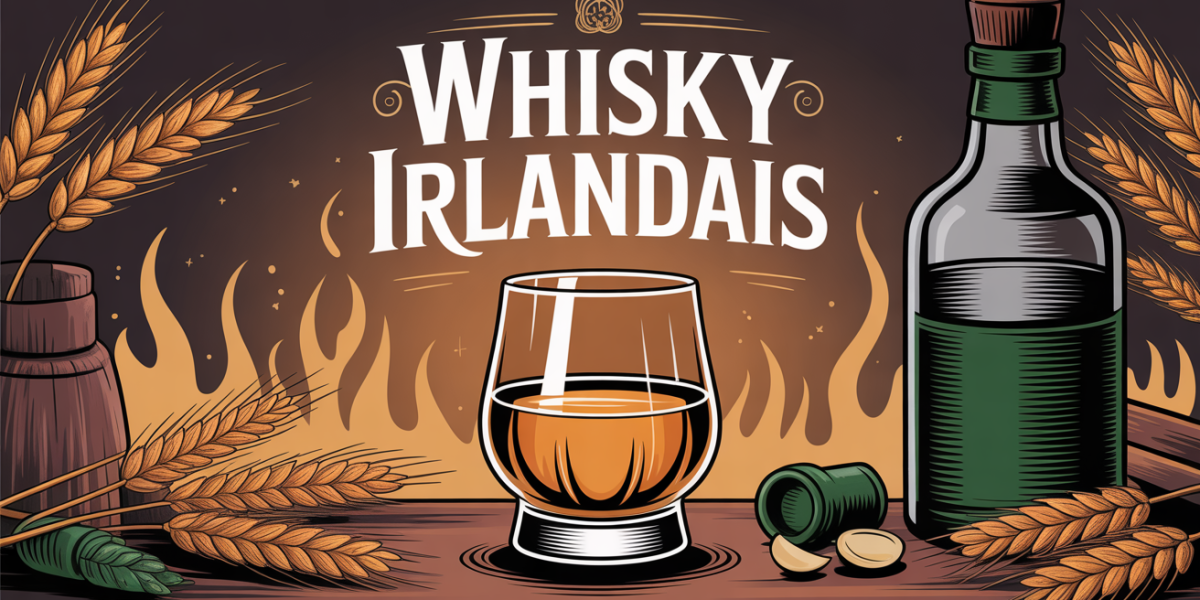 illustration whisky irlandais verre bouteille cereales ambiance chaleureuse