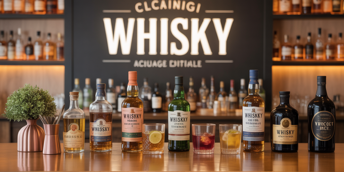 Bouteilles de whisky et verres à cocktail sur table de bar